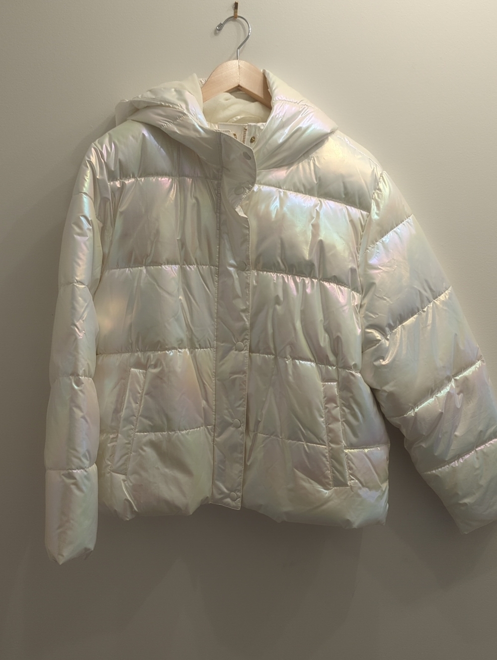 J. Crew Iridescent White Puffer Jacket with Hood, Women's 2X
